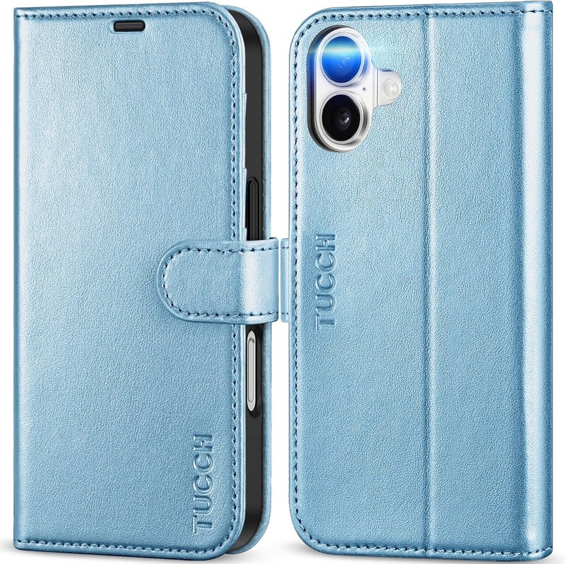 TUCCH Case Wallet for iPhone 16 5G, [RFID Blocking] 4 Card Holder Stand [Shockproof TPU Interior Case] PU Leather Magnetic Protective Flip Cover Compatible with iPhone 16, Shiny Light Blue - Image 1